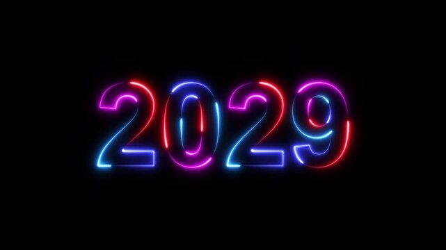 2029 neon line text. Happy new year 2029 neon line text animation. Glowing four color light numbers on dark background 4k. 2029 neon glow text animation background.