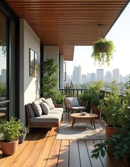 Fototapeta premium Modern balcony with wooden floor and plants. Sofa and chair on patio with city view. Comfortable outdoor space for relaxing and enjoying nature in urban setting.