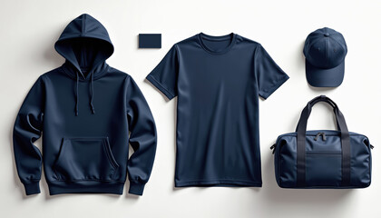 Fototapeta na wymiar Navy blue apparel collection mockups including hoodie t-shirt cap and gym bag. Design template items for branding and merchandise presentation.