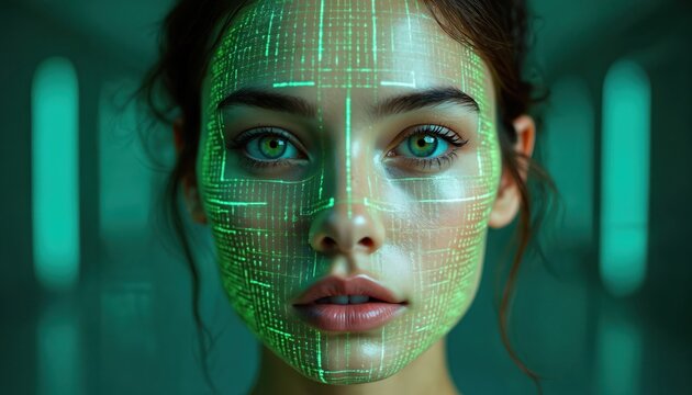Woman face scanned with green digital grid overlay. Futuristic tech analyzes user data for security and identity. AI recognizes individual features for future applications.