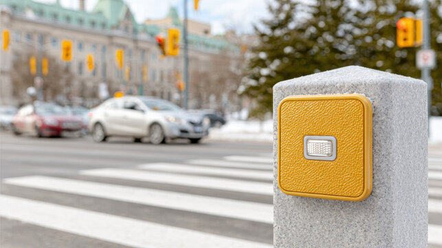 Yellow pedestrian crosswalk push button on concrete post at busy urban intersection for pedestrian safety advertising and city mobility banner promoting safe crossing and traffic awareness