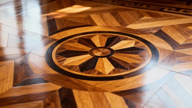 Medium shot of finely crafted flooring with medallion geometric inlay focusing on circular motifs and rich wood tones.