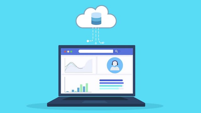 Flat vector animation of laptop displaying user database dashboard connected to cloud system, representing data management, analytics monitoring, and digital technology workflow.
