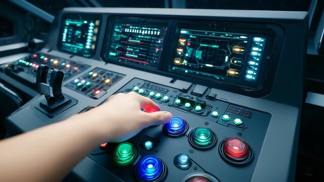 Modern control panel with hand pressing illuminated buttons in high tech industrial cockpit room