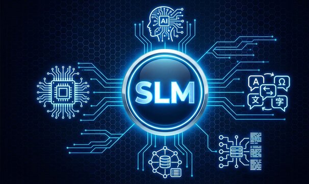 Small Language Model SLM Concept with On-Device AI Processing, Local Machine Learning and Private Neural Network Interface