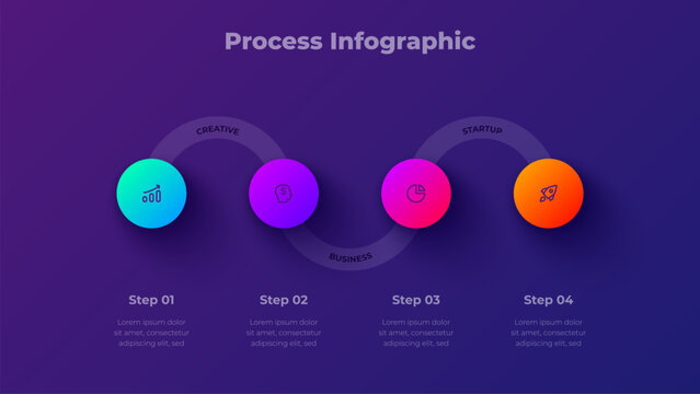 Dark process infographic template with 4 steps and wavy timeline. Vector gradient chart