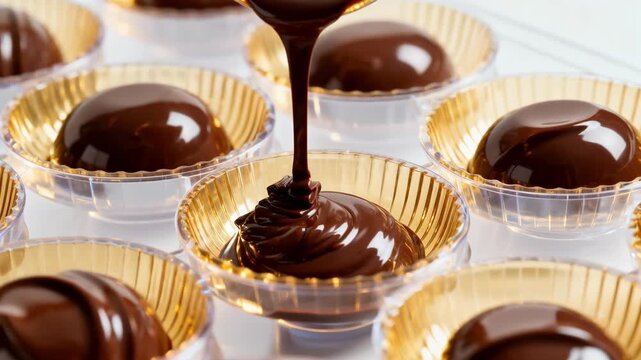 Closeup medium shot of polycarbonate molds being delicately filled and rotated to form clear shiny praline shells for gourmet filled chocolates.