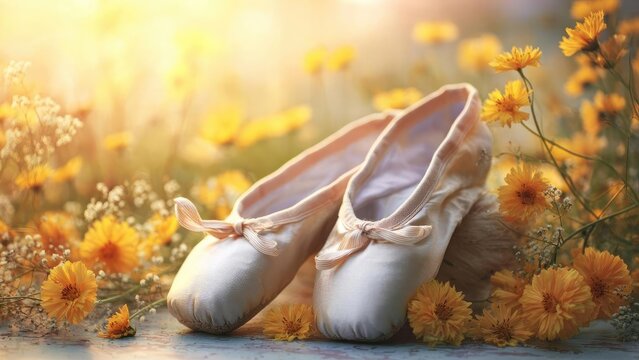 A pair of pale pink satin ballet pointe shoes resting among bright yellow flowers in a sunlit field. Concept Pale pink pointe shoes, Sunlit field, Bright yellow flowers, Delicate ballet