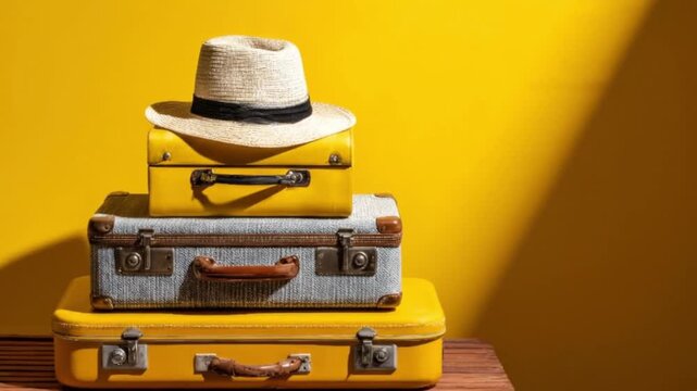 Stack of luggage hat on top bright yellow backdrop