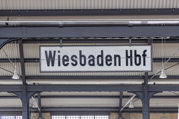 historic WIESBADEN CENTRAL station signage in Wiesbaden train station