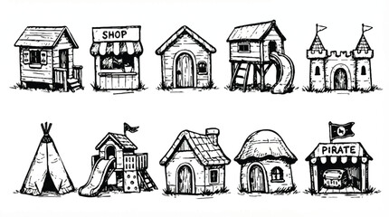 Obraz premium black and white illustrations of various houses and buildings
