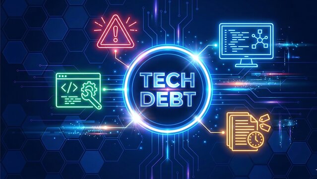 Technical Debt Concept with Software Coding Challenges, Legacy System Maintenance and Project Management Warning Icons