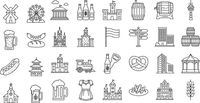 German Cultural and Oktoberfest Icon Set: Landmarks, Traditional Food, Beer, Architecture, and Festival Elements in a Minimalist Line Art Style