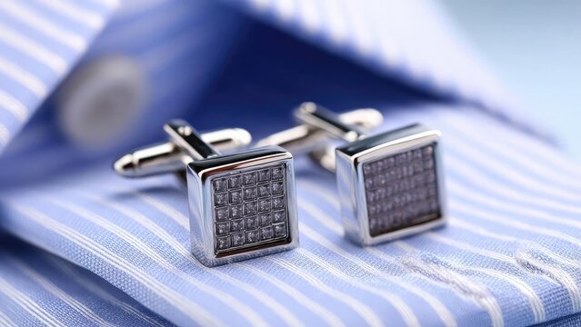 Pair of square silver cufflinks with a grid of small stones on a blue striped shirt. Concept Silver square cufflinks, grid of small stones, blue striped shirt, formal menswear accessory