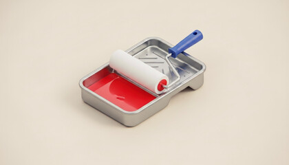 Paint roller and tray with red paint on neutral background  