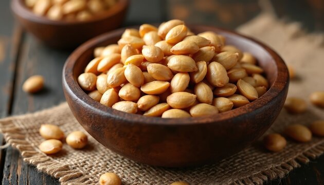 Boiled jackfruit seeds in wooden bowl on burlap cloth. Healthy vegan snack, organic food closeup on rustic table. Natural nourishment, plant based ingredient.