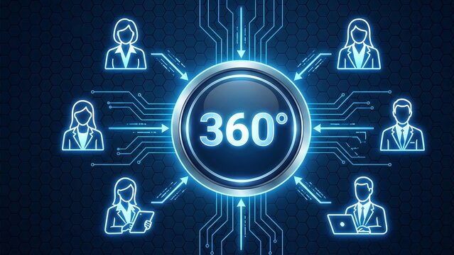 360 Degree Feedback Concept with Employee Performance Review, Multirater Appraisal and Corporate Leadership Development Icons