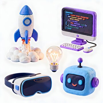 Cute 3D Rendered Modern Technology and Startup Icon Set with Rocket, VR Headset, and Robot Isolated