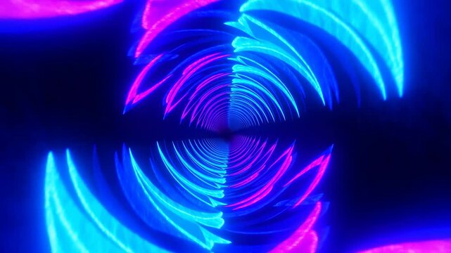 Bright Neon Petals Spinning In Tunnel. Dynamic Scene With Neon Hues And Swirling Tunnel Visuals