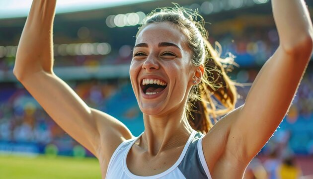 Giovane atleta sorridente festeggia la vittoria a braccia alzate in uno stadio di atletica durante una competizione image. Generative AI 