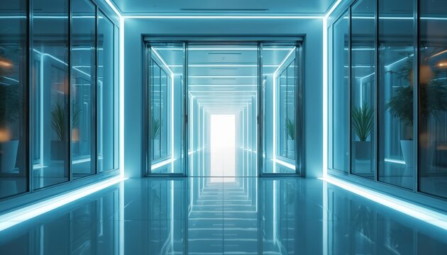 Empty modern corridor with glass walls and automatic doors. Bright blue neon lights illuminate clean interior. Reflective floor leads to bright exit in distance.