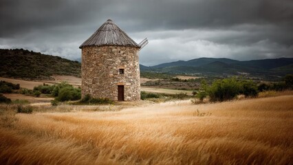 Fototapeta premium Stone windmill in a golden field under a dark, stormy sky. Concept Stone Windmill, Golden Field, Stormy Sky, Moody Rural Scene, Rustic Architecture
