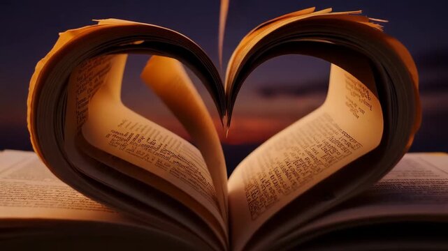 Open book pages forming heart shape concept for love story valentines day and romantic literature