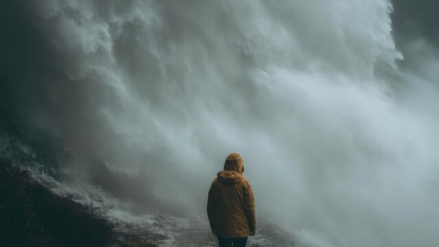 A person in a brown hooded jacket stands before a towering, foaming wave. Concept Stormy Seascape, Ocean Photography, Hooded Portrait, Dramatic Waves, Adventure Photography