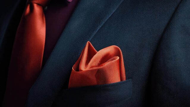 Close-up of a navy suit with a vivid orange pocket square neatly tucked in the breast pocket and an orange tie nearby. Concept Navy Suit, Orange Pocket Square, Orange Tie, Formalwear Close-Up