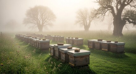 Rows of beehives in a foggy field with trees in the background. Beekeeping and honey production concept. Nature and agriculture.