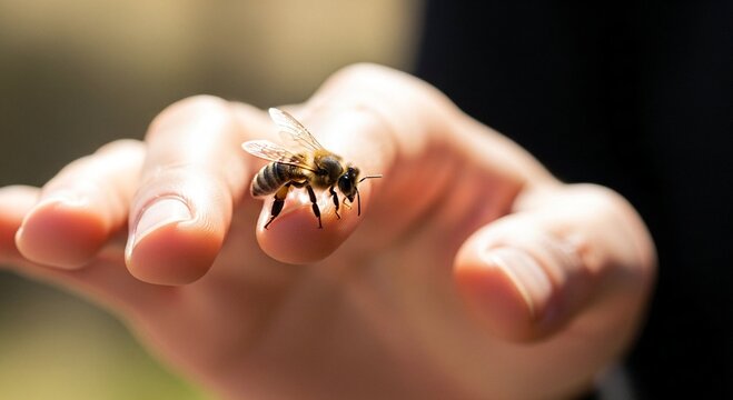 Honey bee insect walking on an adult woman finger. Close up of bee gathering pollen concept. Nature conservation and ecosystem.