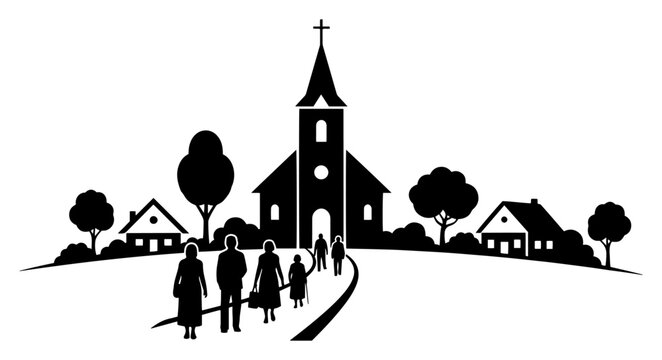 Black silhouette of a small village with people walking towards a church building