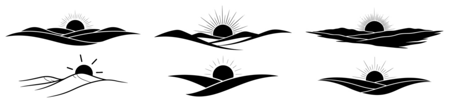 Set of minimalist sun rising or setting icons over hills in black and white silhouette style