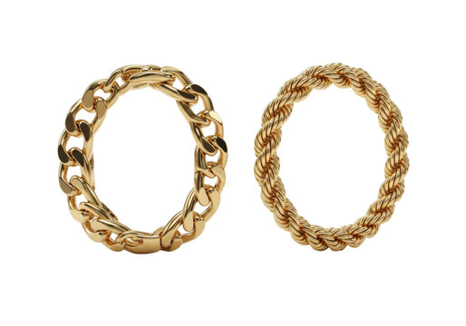 extreme macro shot of two contrasting gold chain rings (thick figaro and delicate rope) on a transparent surface, high-key studio lighting emphasizes sharp texture and opulence. comparative luxury