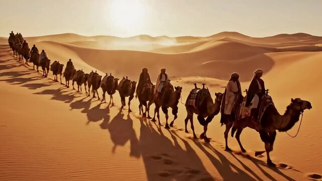 A majestic camel caravan with people riding traverses vast sand dunes during the golden hour, creating long shadows. This epic desert journey evokes ancient trade routes and adventure.
