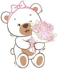Fototapeta premium Cute Bear Holding Pink Flowers Illustration Sticker