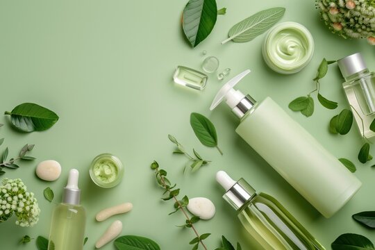 Natural beauty products showcase lush green backgrounds with elegant glass bottles and delicate leaves, creating a serene and refreshing atmosphere
