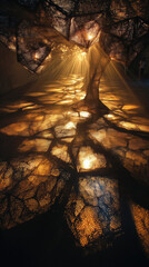 Sunlight forming geometric patterns on forest floor with warm glowing light beams creating artistic shadow play and textured illumination