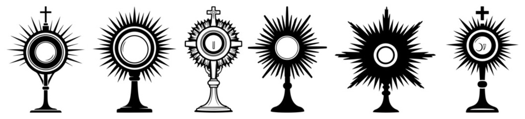 Fototapeta premium Set of ornate Catholic monstrance silhouettes for Eucharistic adoration on white background