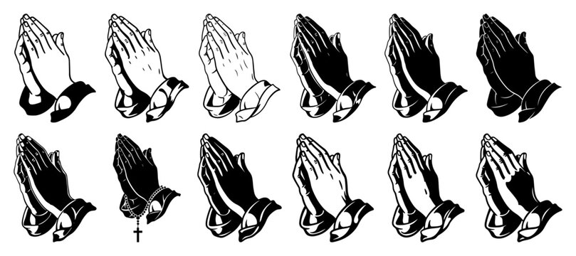 Set of praying hands illustrations in various black and white vector styles
