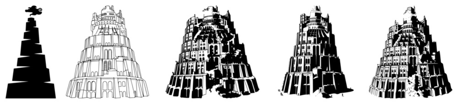 Collection of Tower of Babel illustrations in various graphic styles from silhouette to detailed line art