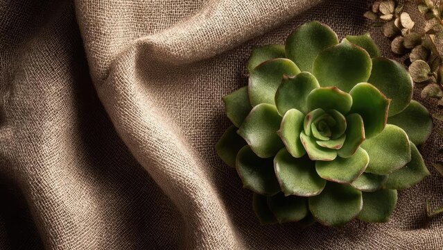 A green rosette succulent resting on textured brown burlap fabric. Concept Rosette succulent, Burlap texture, Green plant close-up, Botanical still life, Earthy tones