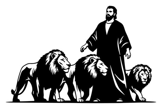 Biblical illustration of Daniel in the lions den standing with pride of lions on white background
