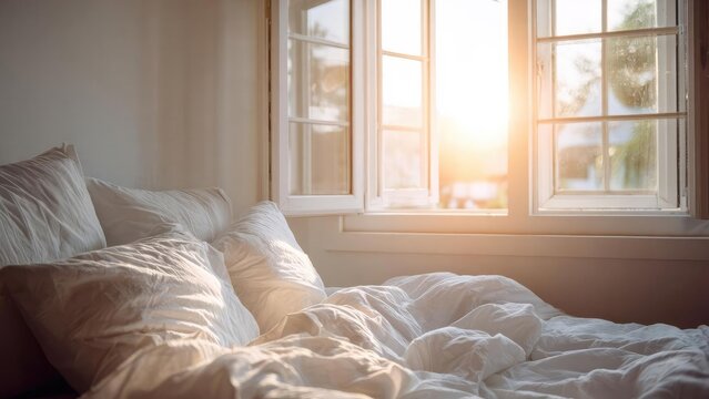 Cozy bed with white sheets and pillows bathed in warm morning sunlight streaming through open windows. Concept Cozy Morning Bedroom, Sunlit White Sheets, Open Window Light, Warm Natural Glow
