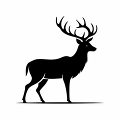 Obraz premium Black silhouette of a deer with large antlers standing on a white background with a minimalist style.