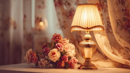 A vintage ornate lamp glows warmly beside a bouquet of pink and peach roses on a floral-patterned table. Concept Vintage ornate lamp, Soft warm glow, Pink and peach roses bouquet
