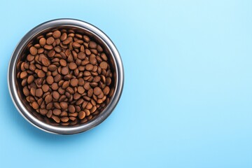 Fototapeta premium Pet food bowl filled with crunchy kibble against a bright blue background inviting hungry pets at snack time