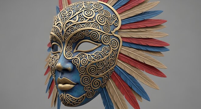 Ornate tribal mask with gold swirling patterns, blue face, and red and tan feathers.