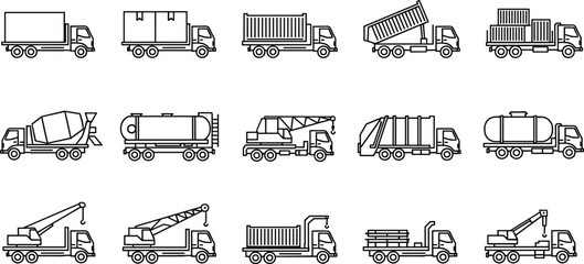 Logistics transport icon set featuring heavy trucks, delivery vans, cargo containers, cement mixers, fuel tankers, garbage trucks, and industrial crane vehicles, © Razia