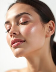 Obraz premium Woman face shows dewy makeup and soft lips. Pure beauty with glowing, healthy, clear skin reflects wellness and elegance. Youthful and natural look with subtle shine.